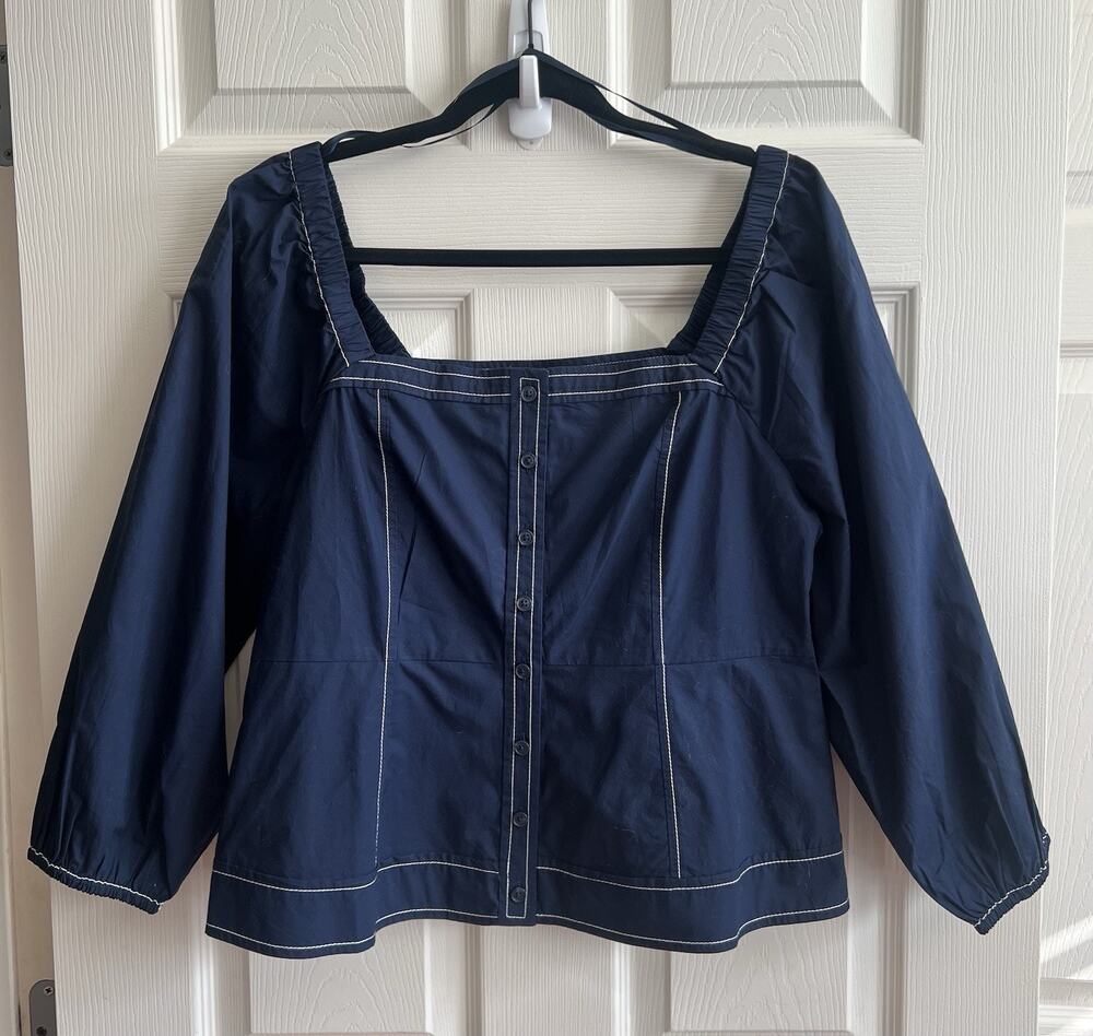 LOFT ANN TAYLOR 2024 Navy White Contrast Square Neck Button Blouse Top Sz S NWT